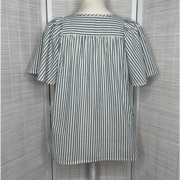 Madewell Top Courtyard Flutter Sleeve Blue Ivory Stripe V Neck Cotton Size XS - Picture 3 of 6